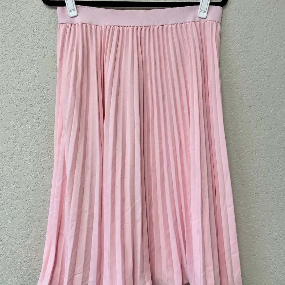 Kate Kasin High Waist Pleated A-Line Midi Swing Skirt Pastel Pink
